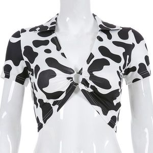 V-neck cow print top